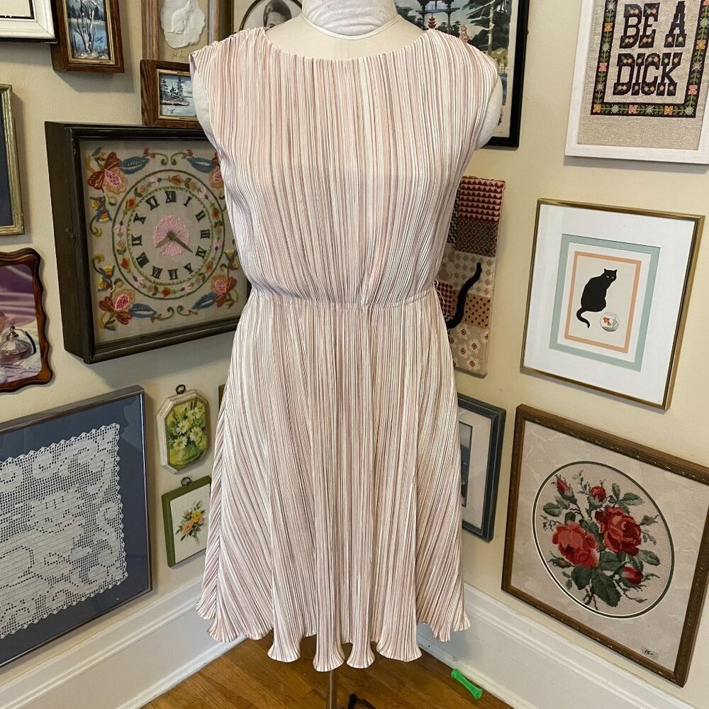 DKNY Womens Beige Pleated Sleeveless Midi Dress with Elastic Waist Size 4
